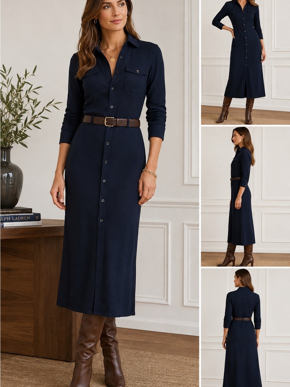 Ralph Lauren Classic Vintage Y2K Navy 100% Wool Shirt Dress Midi Size 4